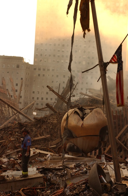 The Sphere at Ground Zero, as captured by FEMA photographer Andrea Booher. Collection 9/11 Memorial Museum.