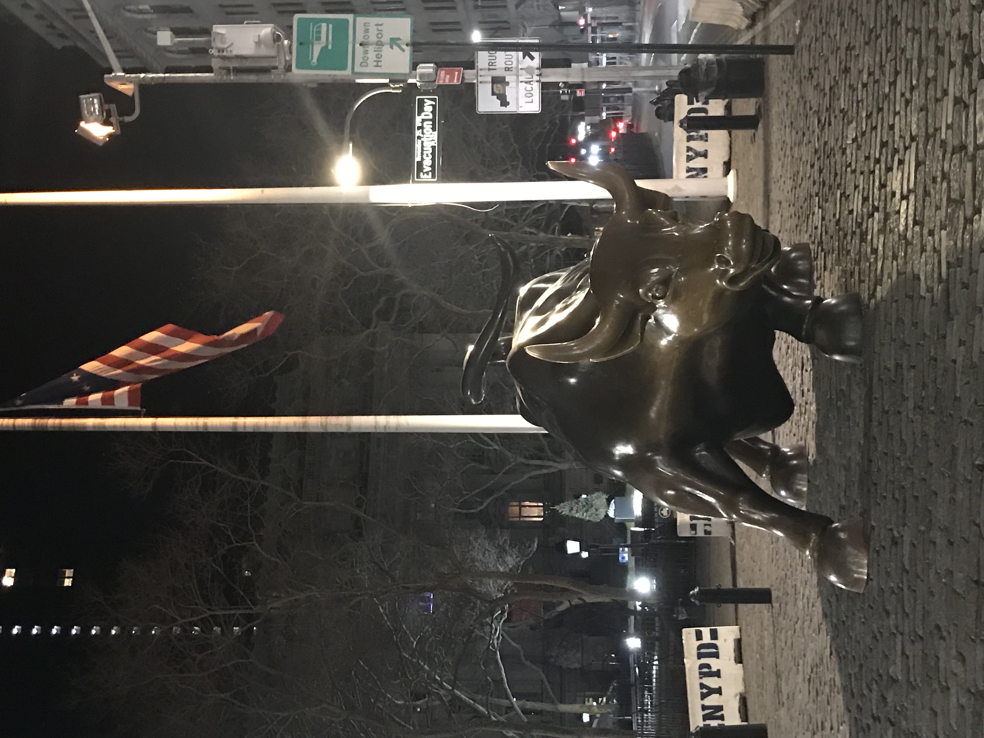 Charging Bull on quiet Wall Street at night