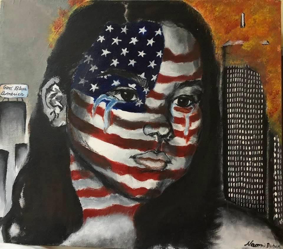 Young girl with American flag painted on face cries in front of the burning twin towers 