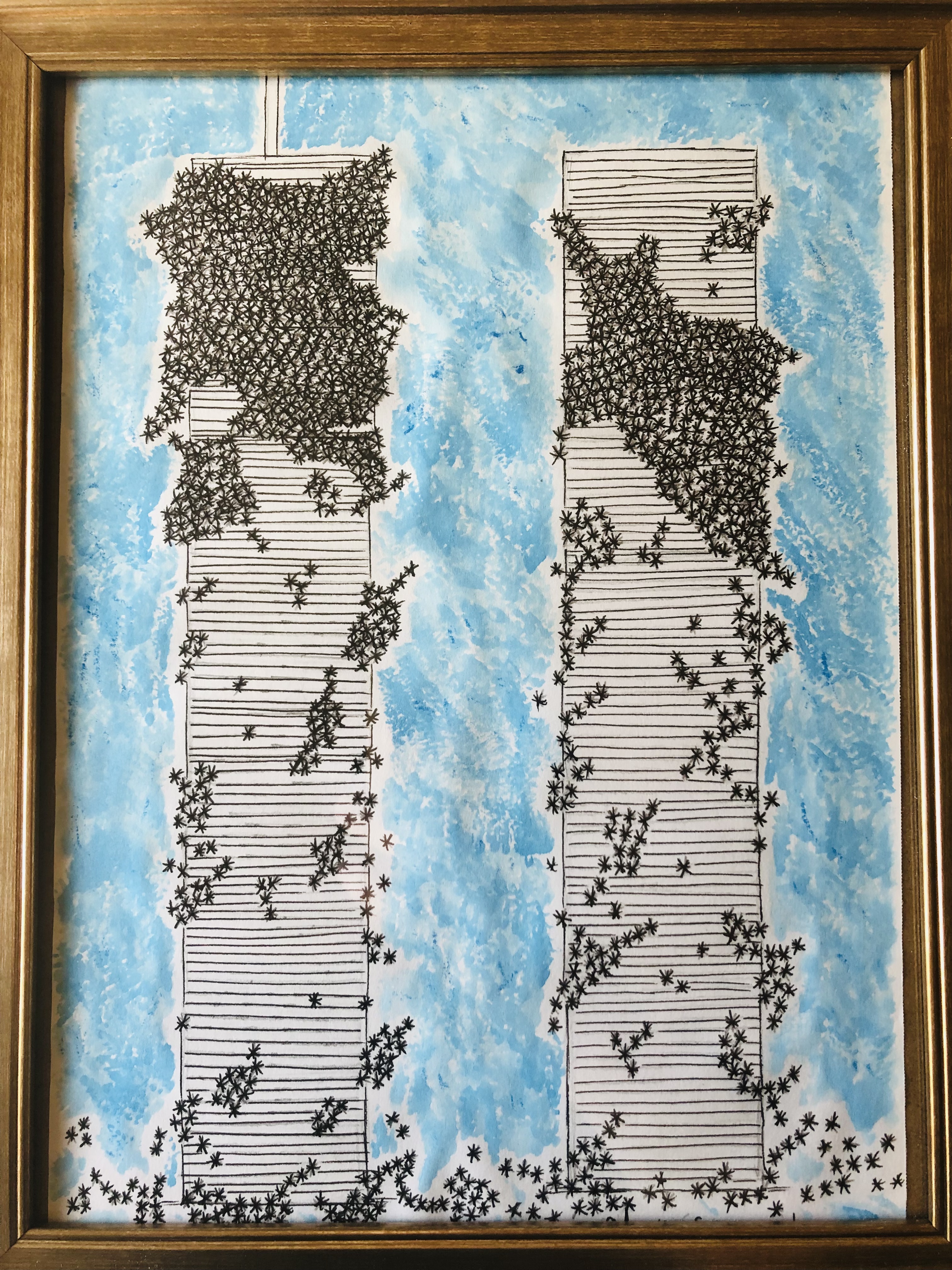 made to scale drawing of the twin towers. tiny stars cover the towers & surrounding area below, visually representing each life lost there. bright blue sky surrounds the image. 