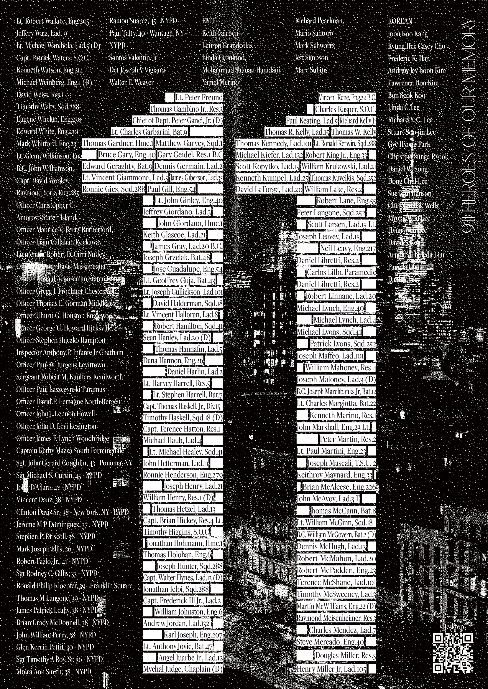 Black-and-white memorial poster featuring the New York City skyline, with the names of fallen 9/11 first responders arranged to form the number “11” and the names of 21 Korean victims listed alongside them.