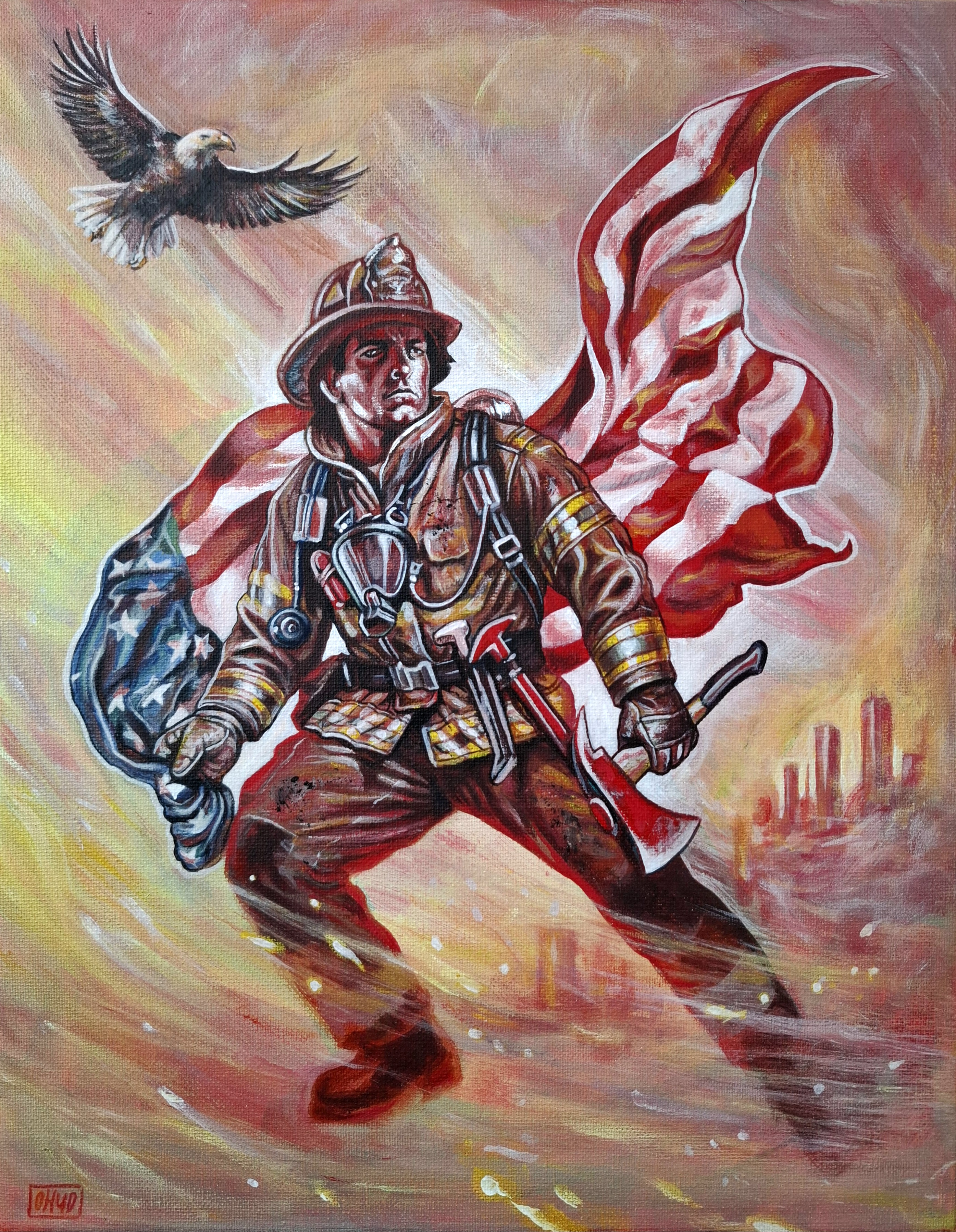 An 11x14 inch acrylic on canvas painting titled "Men of Honor" by Ohud Khedr. The artwork depicts a determined American firefighter in full gear striding forward amidst swirling golden and reddish smoke. A dynamic American flag billows behind him like a cape, and a bald eagle soars through the upper-left corner of the smoky sky.