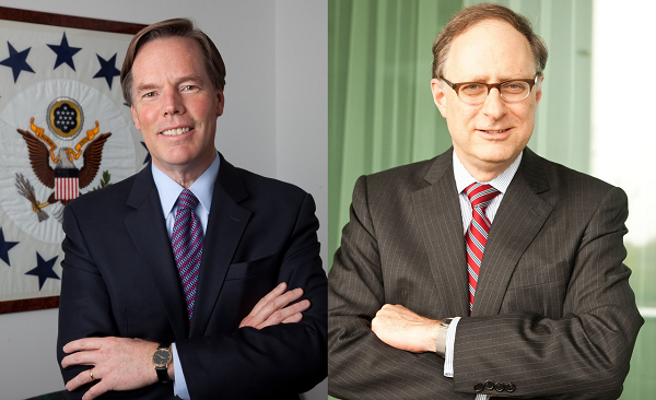 Former U.S. Ambassador to NATO R. Nicholas Burns and Former Deputy Secretary General of NATO Alexander Vershbow both smile as they pose in suits and ties in separate photos. 