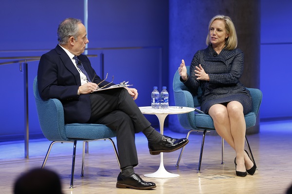 Secretary of Homeland Security Kirstjen Nielsen and Clifford Chanin, the executive vice president and deputy director for museum programs, speak onstage at the inaugural Summit on Security in the Museum’s auditorium. 