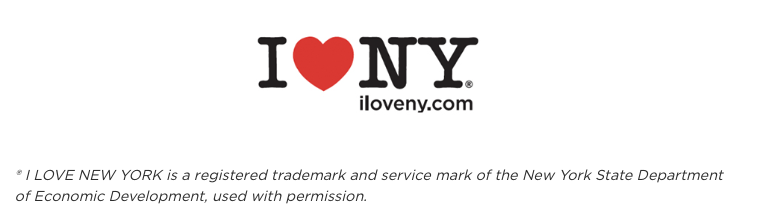 I Love New York logo, with the word "love" denoted as a red heart