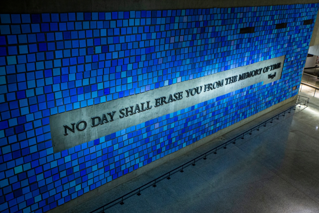 The overhead shot shows the blue tiles of the Spencer Finch installation in the 9/11 Memorial Museum. 
