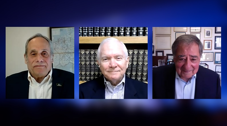 A composite image on a blue background of three public program participants on a Zoom call.