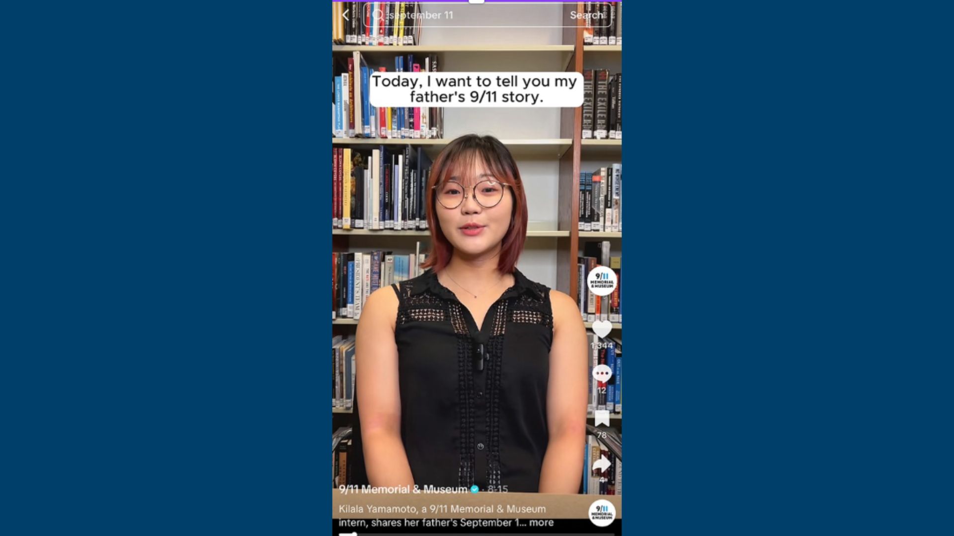 Kilala Yamamoto, wearing glasses and a black top, stands in front of bookcases.
