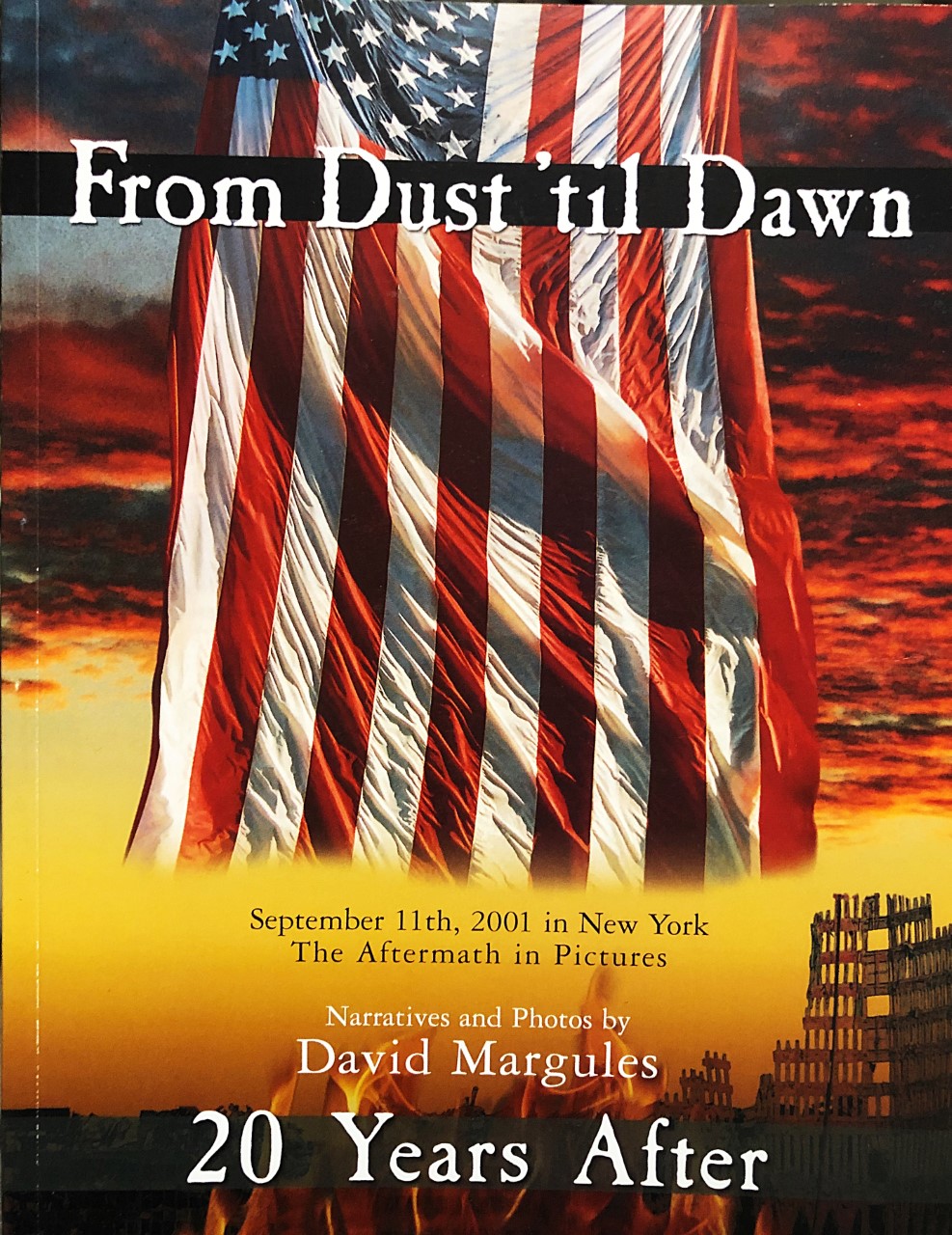 Book cover shows the American flag hanging vertically against a fiery sky