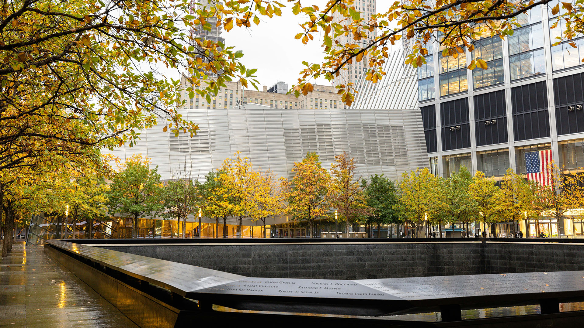 Closeup view of 9/11 Memorial pool surrounded by fall trees.