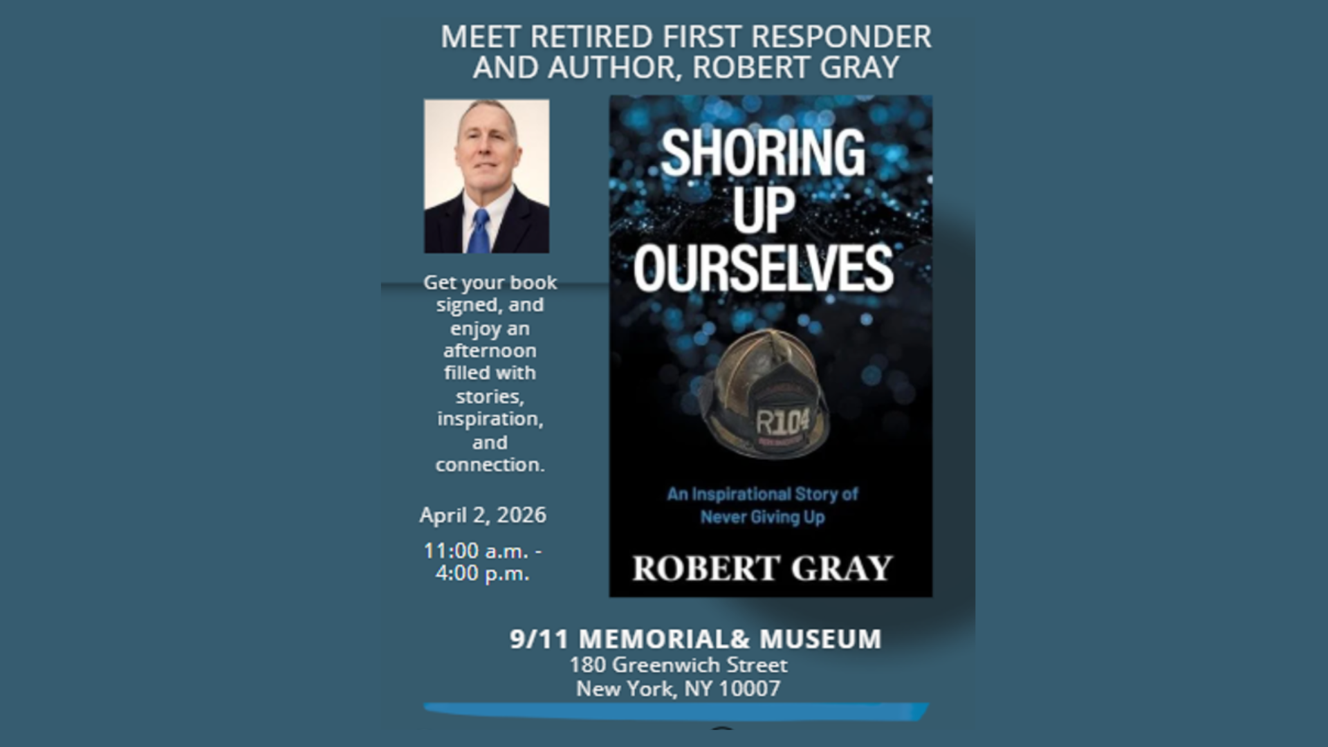 Cover of a book with a fire helmet on it, and a photo of the author