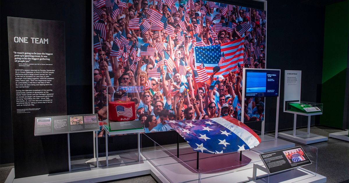 An American flag and other memorabilia is on display as part of the sports-themed exhibition Comeback Season: Sports After 9/11.