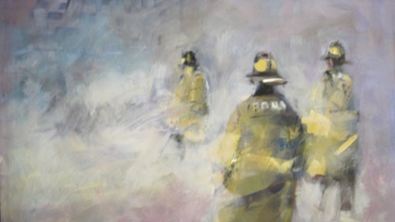 An artist's painting shows three yellow-clad firemen disappearing into a smokey scene.