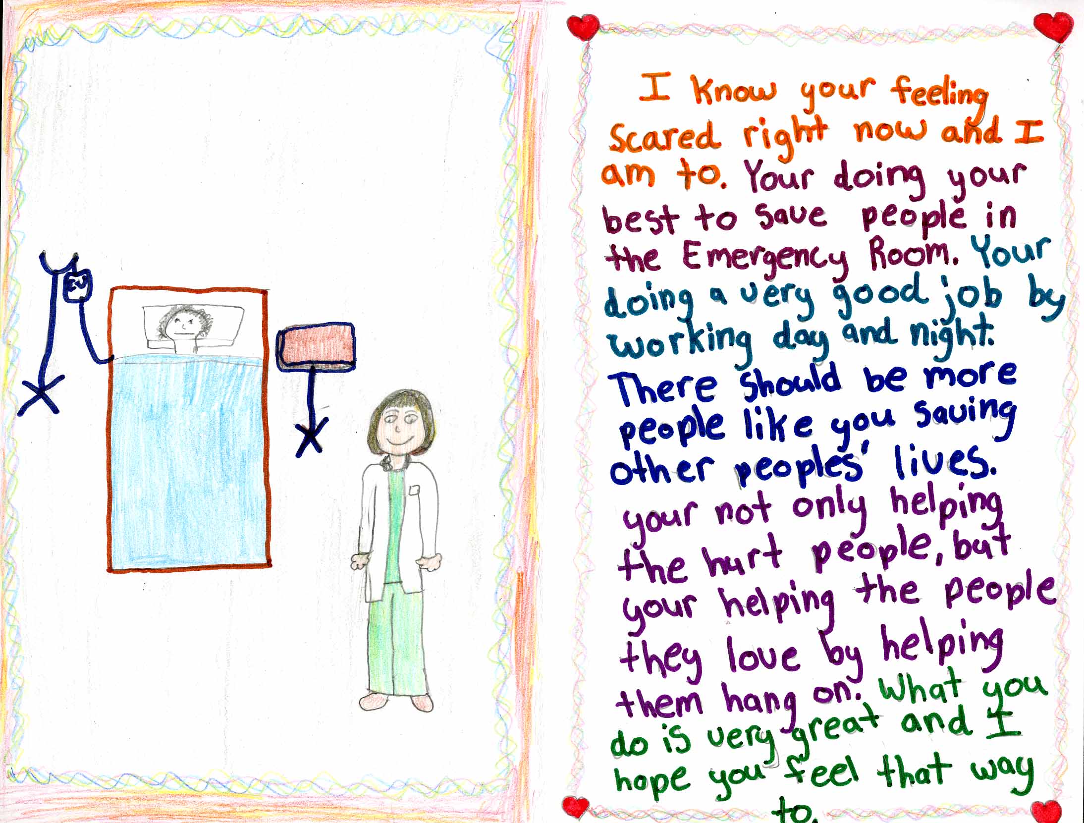 Children's card with handwritten message of hope and gratitude for doctors, with a drawing of a standing doctor next to a patient in bed.