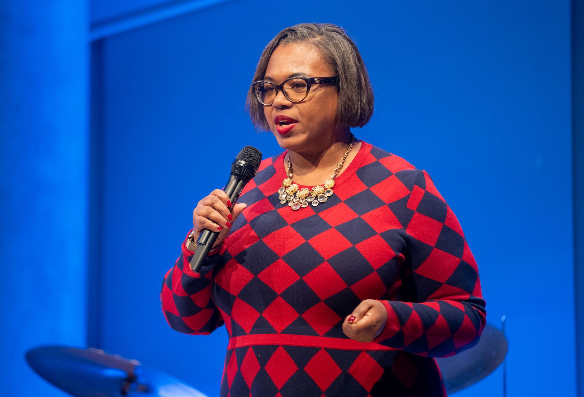 A woman in a red and black checked dress introduces the panelists