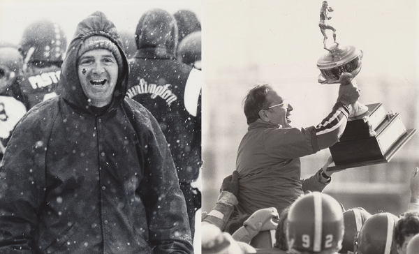 James Anthony Trentini smiles in a black-and-white photo from the Thanksgiving football game. In a second black-and-white photo, Trentini holds up a trophy his team won at the Thanksgiving game.  