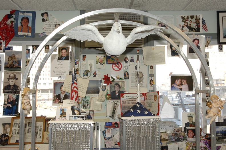 A close-up photo of the papier-mache dove that topped the Twin Towers sculpure. 