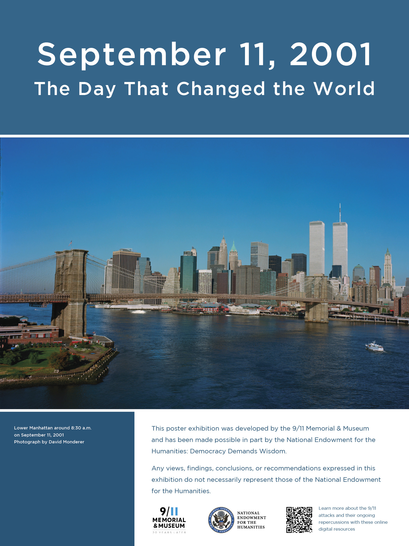 Poster page header reads September 11, 2001: The Day That Changed the World. Photograph below the header shows the skyline of lower Manhattan with the Twin Towers. Lower portion includes the logos of the 9/11 Memorial & Museum and the National Endowment for the Humanities.