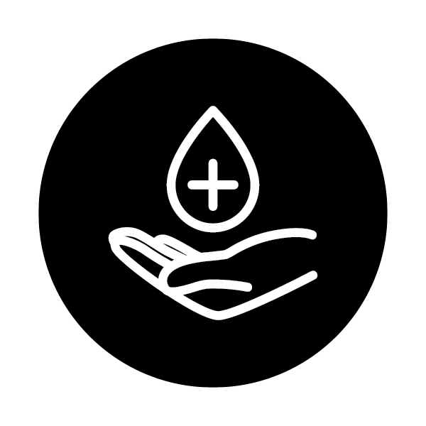This black and white graphic shows a large drop of hand sanitizer being added to hands, visually conveying the message to "please use hand sanitizer."