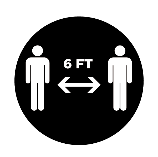 This black and white graphic shows two figures standing apart with a two-way arrow with an indication of six-feet of social distancing.