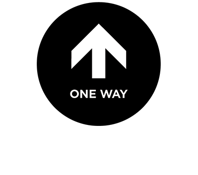 This black and white graphic depicts an arrow and the words "one way."