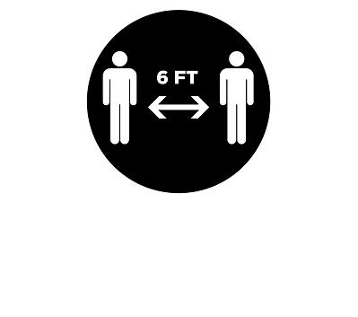 This black and white graphic shows two human figures separated by an arrow denoting six-feet distance.