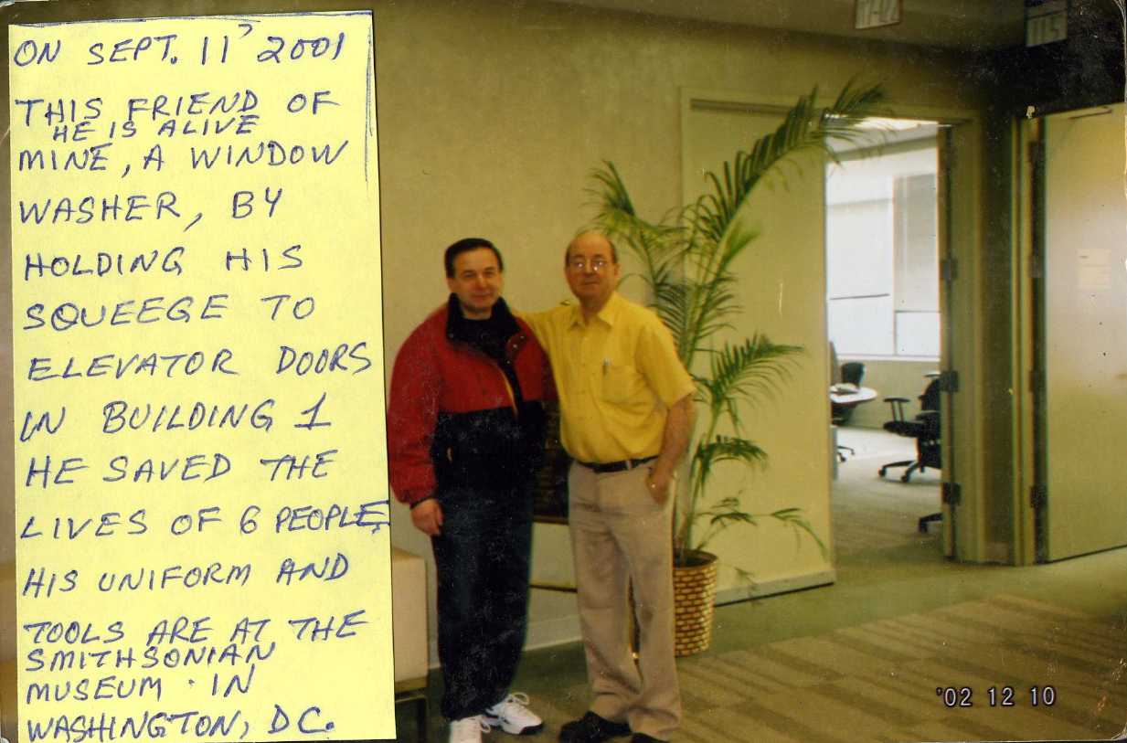 photo of Jan Demczur and a friend from Feb 2010, with a post it attached that briefly describes Jan's escape story.