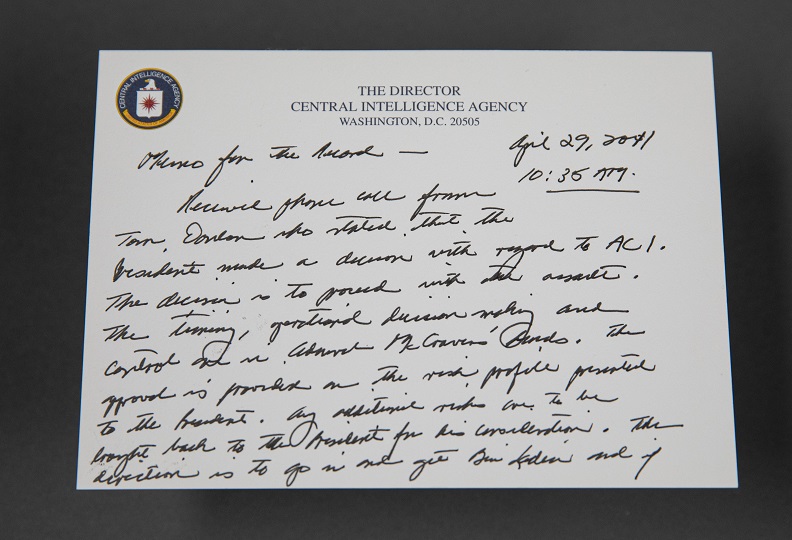 Handwritten memo on note with CIA letterhead.