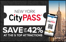 New  York CityPASS logo on a white ticket to the left of a photo of the Empire State Building and above the text SAVE UP TO 42% AT TOP FIVE ATTRACTIONS