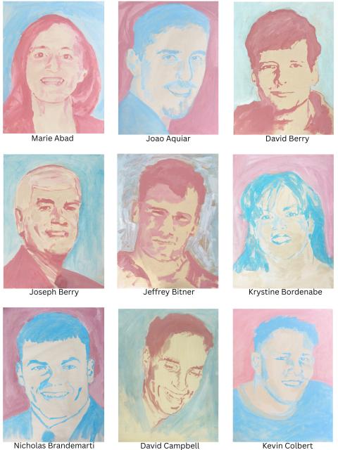 I painted 67 portraits—one for each coworker lost on September 11, 2001. We worked at Keefe, Bruyette & Woods on the 88th and 89th floors of Two World Trade Center (the South Tower). This image shows the first group of the alphabetized series, Portraits 1–9: Marie Abad, Joao 'JJ' Aguiar, David Berry, Joseph Berry, Jeffrey Bitner, Krystine Bordenabe, Nicholas Brandemarti, David Campbell, and Kevin Colbert.