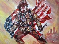 An 11x14 inch acrylic on canvas painting titled "Men of Honor" by Ohud Khedr. The artwork depicts a determined American firefighter in full gear striding forward amidst swirling golden and reddish smoke. A dynamic American flag billows behind him like a cape, and a bald eagle soars through the upper-left corner of the smoky sky.