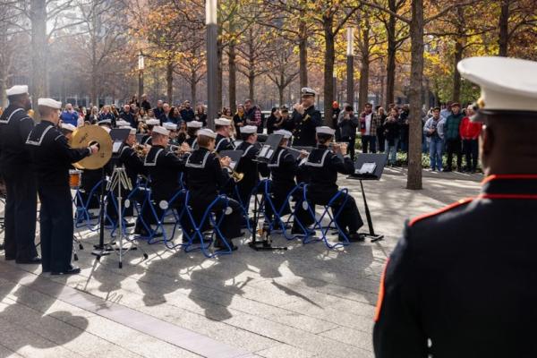 The United States Navy Band Northeast Ceremonial Band performs on the Memorial. 