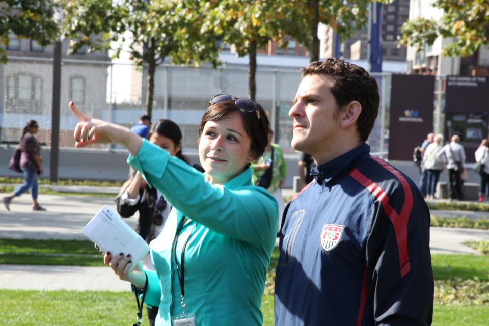 9/11 Memorial Director of Marketing & Reservations Kim Wright guides the U.S. Men Soccer Team through a tour of the memorial. (Amy Dreher photo) Kim_Soccer_credit Amy Dreher.jpg