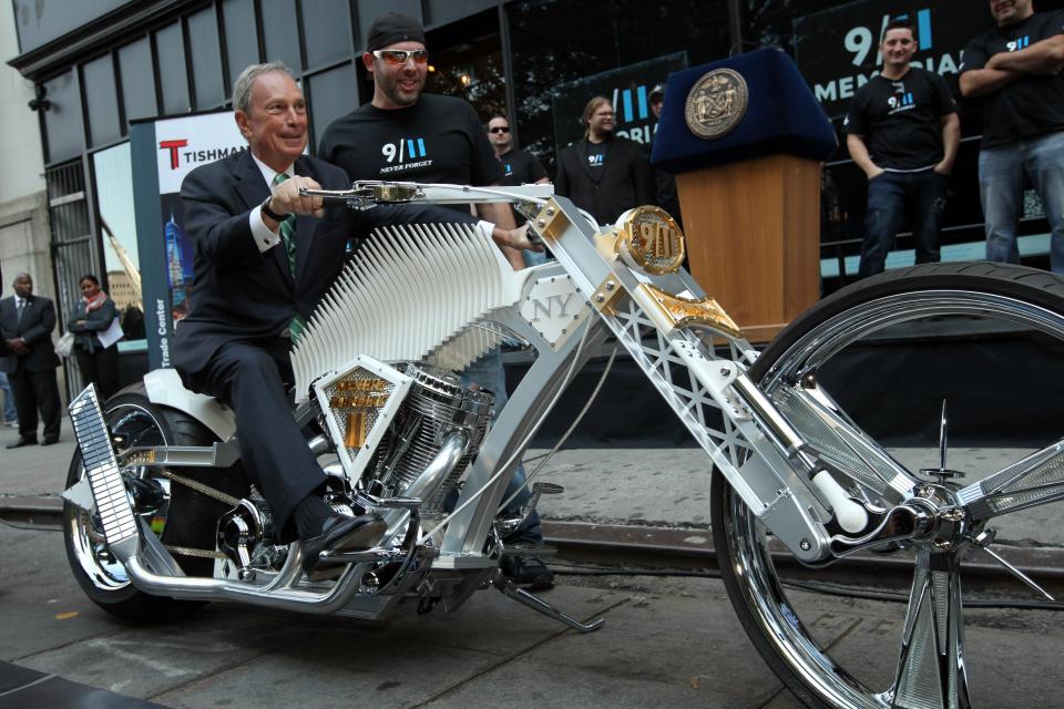 Mayor Bloomberg sits on a custom-built chopper Paul Jr. designed to commemorate the rebuilding at the World Trade Center site. Enter to win a motocycle inspired by this one at 911memorial.org. (Ed Reed photo) MayorChopper2.jpg