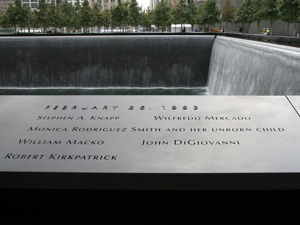 The names of the six victims of the Feb. 26, 1993 bombing are forever inscribed in bronze on the 9/11 Memorial at the World Trade Center site. (Amy Dreher photo) WTC1993Names.jpg