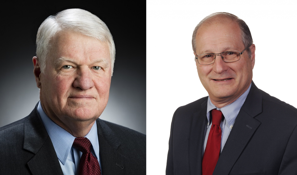 Retired Admiral Gary Roughead and Ambassador Eric S. Edelman pose in suits and ties for separate portrait photos.