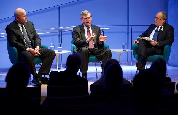 John Anticev and Chuck Stern discuss the World Trade Center with Clifford Chanin during an event at the Museum auditorium.