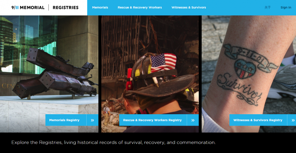 A screenshot of the 9/11 Memorial & Museum website shows the Memorial registries portal.