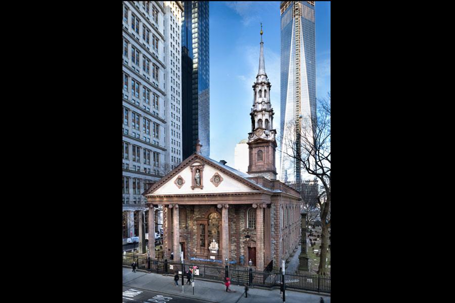 A view across the street shows the exterior of St. Paul’s Chapel.