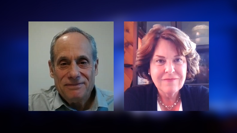 A composite image on a blue background of Cliff Chanin and Fran Moore engaging in a video conference conversation.