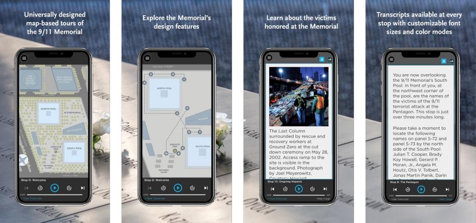 This composite image is comprised of four smaller images that show different screenshots of the user experience through the 9/11 Memorial Guide.